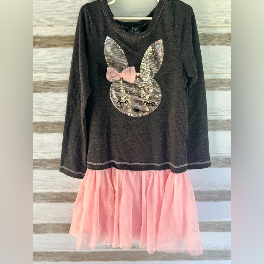 Pink& violet sequin girls pink/ charcoal bunny dress with lace tutu size 10.